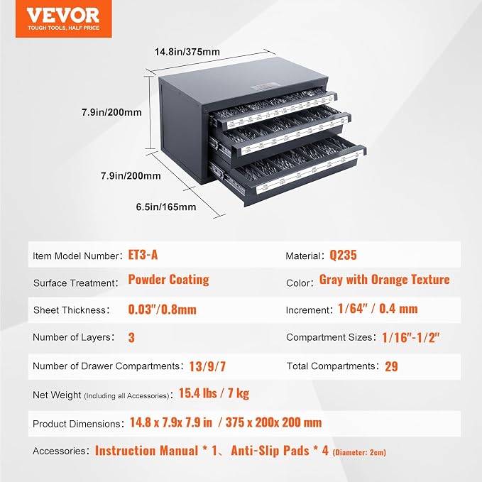 VEVOR Drill Bit Dispenser Cabinet, Three-Drawer Drill Bit Dispenser, Drill Bit Organizer Cabinet, Drill Dispenser Organizer Cabinet for Jobber Length Fractional Size 1/16" to 1/2" in 1/64" Increments - Image 3