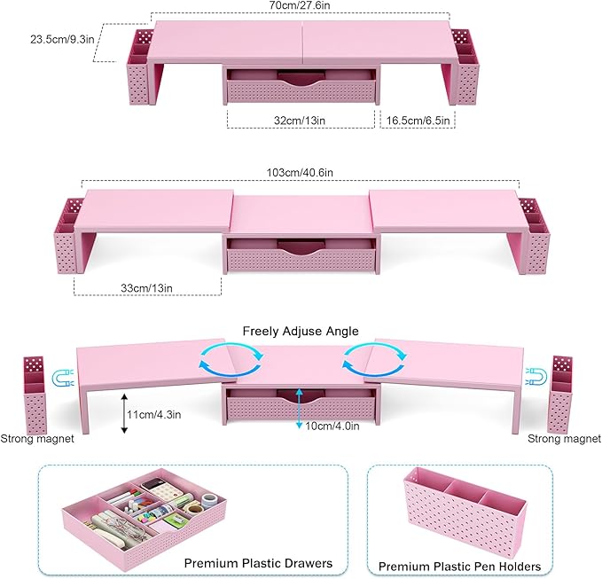 Spacrea Metal Desk Organizers and Accessories, Dual Monitor Stand Riser with Drawer and 2 Pen Holders, Desk Accessories & Workspace Desktop Organizers for Office Supplies (Pink) - Image 5