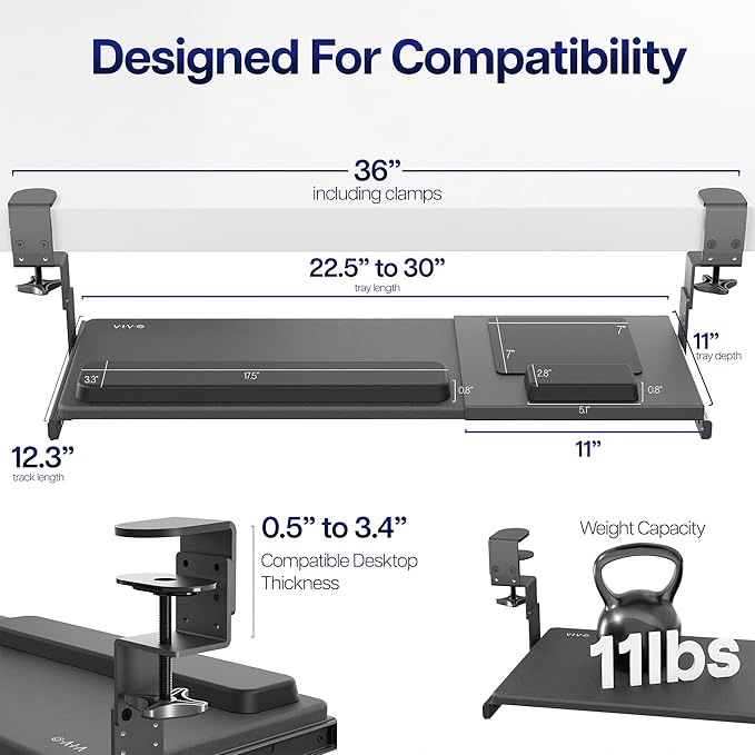 VIVO Large Height and Width Adjustable Under Desk Keyboard Tray, C-clamp Mount System, 22.5” to 30” (28.5” to 36” Including Clamps) x 11 inch Slide-Out Platform for Typing, Black, Mount-KBST1 - Image 5