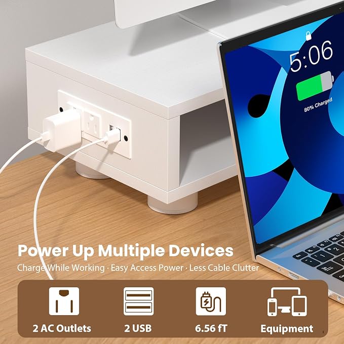 Artswish 42" White Dual Monitor Stand with Power Outlet & Storage Drawer | 42" Monitor Riser for Home Office, Built-In Power Outlet, Hidden Storage & Darwer, Adjustable Height - Image 5