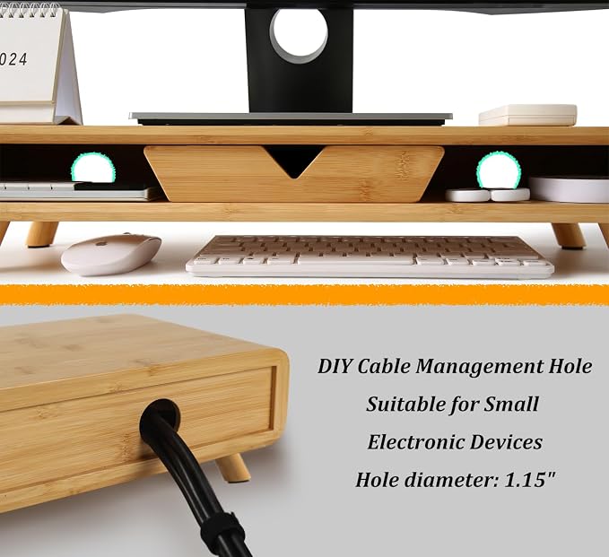 Homerays Bamboo Monitor Stand Riser, No Assembly Required Exquisite Monitor Stand with Drawer Ergonomic Height Wood Monitor Stand - Image 7