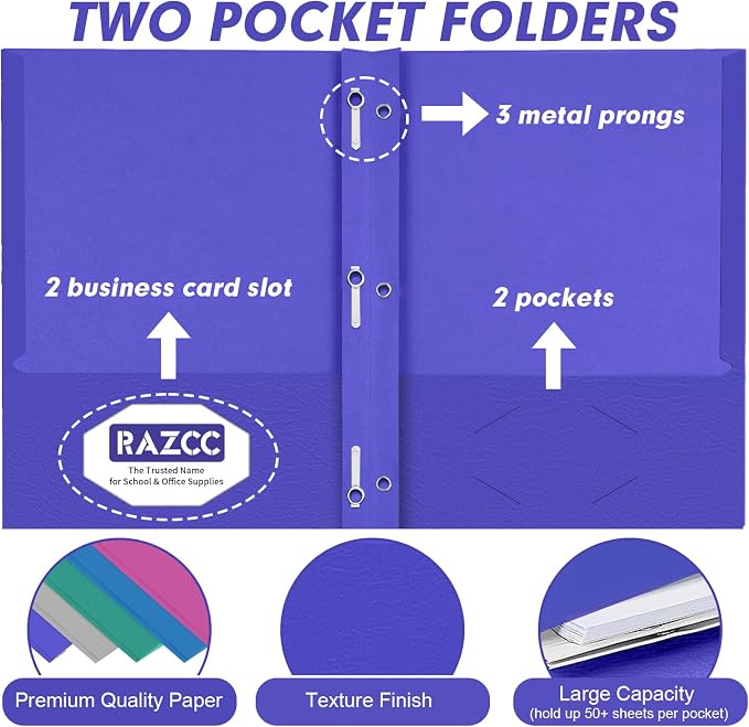 Two Pocket Folders, RAZCC 100 Pack Two Pocket with Prongs, 3 Prong Pocket Folders Letter Size, Paper Folders with Prongs for School Office Home Business, Assorted 5 Colors - Image 3