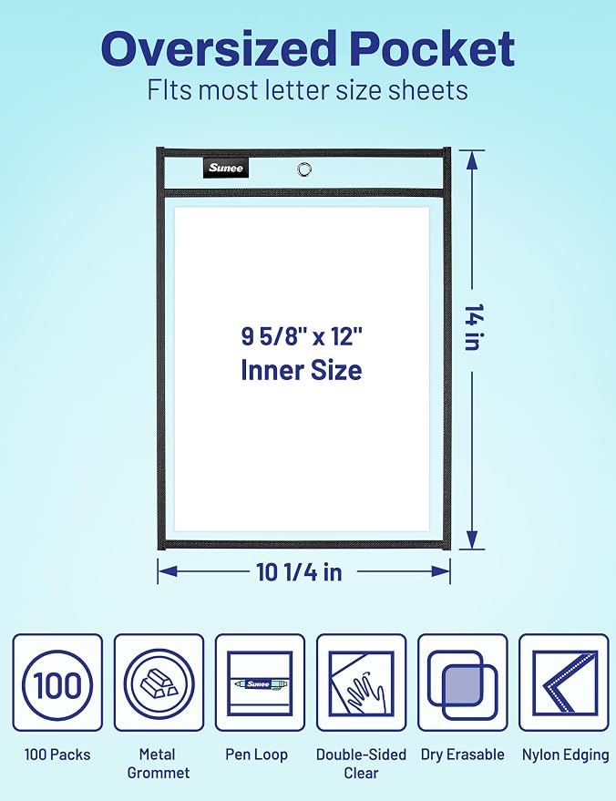 SUNEE 100 Packs Oversized Reusable Dry Erase Pocket Sleeves with 5 Rings, Black 10x14 Ticket Holders, Clear Plastic Sheet Protectors, Teacher School Classroom Supplies - Image 2