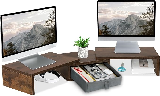 TEAMIX 3 Shelf Monitor Stand Riser With Drawer - Length and Angle Adjustable Dual Riser With Storage Corner Desk Shelf Organizer Large Computer Stand for 2 Monitors/Laptop (Brown, 1 Drawer) by TEAMIX