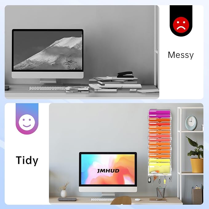15-Tier Wall File Organizer with Base and Hooks, Hanging Organizer, White | Wall Organizer and Wall File Holder with 15 Vertical Pockets and Bottom Tray for Files, Mail, Folders, Magazines and Paper - Image 4