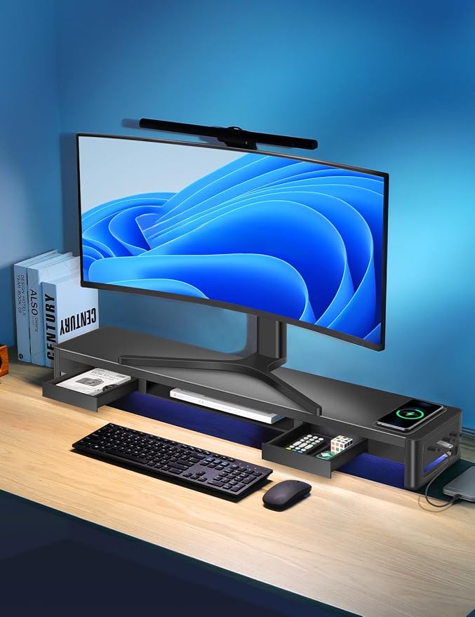 meatanty Dual Monitor Stand Riser with 2 Drawers,4 USB Ports and Charging Pad,Metal Monitor Stand for 2 Monitors Supports Transfer Data and Charging,Desk Organizer for PC,iMac(38.7 inches) - Image 7