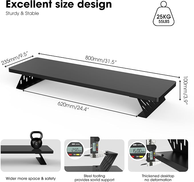 Fenge Monitor Stand Riser, Wooden & Metal Desk Shelf Organizer, Black | 31.5in Computer Stand, Single Monitor Setup, for Compact Work Station, Multifunctional Monitor Shelf for Laptop, PC, Printer - Image 5