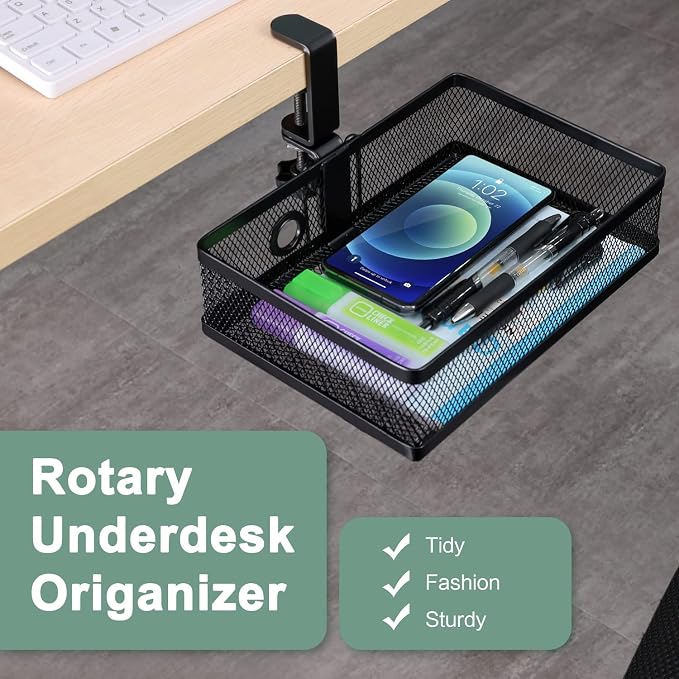ROSYLINE Under Desk Storage Basket Hanging Drawer Tray, Clamp On Organizer | hickened C-Clamp, High Load No Deformation Sag-Proof, Steel Construction, Clip-On No Drill Mount, Office & Household Storage - Image 2