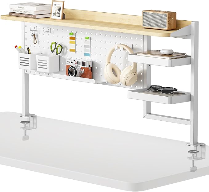 Clamp on Desk Shelf, 44" Desktop Shelving System, White | with Pegboard and Accessories, Desktop Organizer with 2-Tier Shelf, Desk Pegboard for Gaming Office by Pegzone