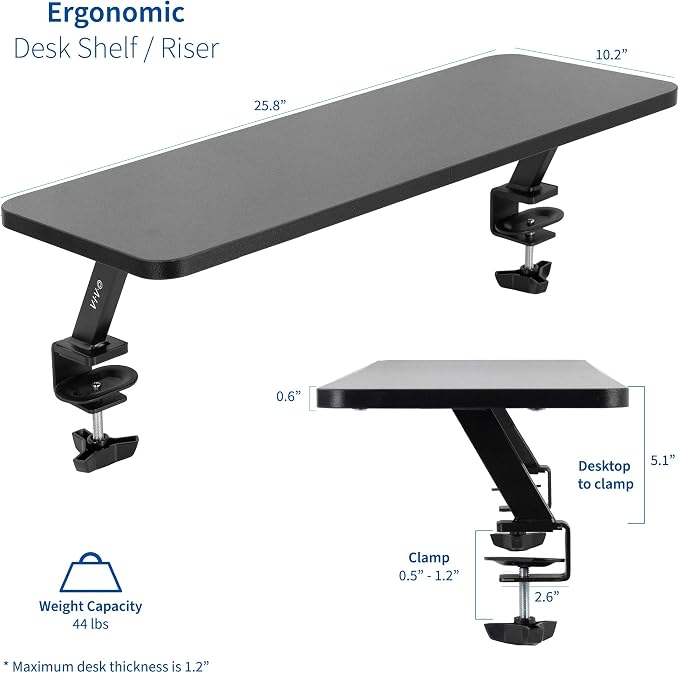 VIVO Black Clamp-on Small 26 inch Ergonomic Desk Shelf, Single Computer Monitor Stand Riser - Desk Organizer Holds 1 Screen or Laptop STAND-SHELF24B - Image 2