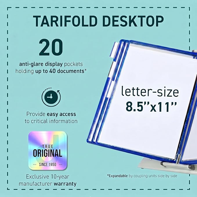 Tarifold Desktop Reference Display System, 20 Pockets, Expandable, Blue | 20 Double-Sided PVC Pockets, Holds 40 Letter-Size Sheets, Sturdy Metal Base, Quick-Find Indexing, Quick and Easy to Assemble - Image 2