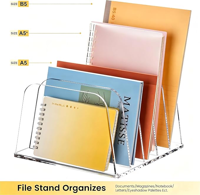 HeZone Desk File Organizer,5-Section Vertical Clear File Organizer File Holder Folder Holder Mail Sorter Acrylic Stand Rack,Office Organization for Home, Office & Classroom(1 Pack) - Image 3