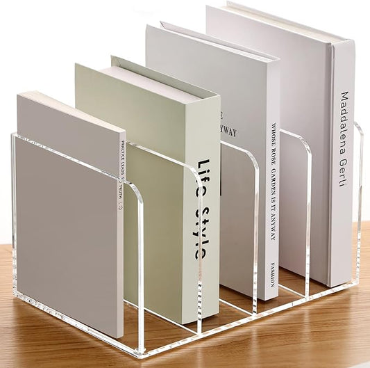YUXUN Clear Acrylic Magazine File Holder, 4 Compartment Vertical Desk Organizer, 5mm Thick Document Sorter with Non-Slip Base, No Assembly for Office Home Classroom, Holds Binders, Books, Tablets by AcrylicBusinessCardHold