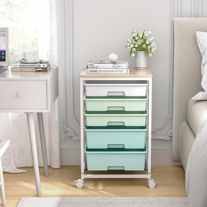 SYKIARIOL Rolling Cart with Drawers,5 Drawers Storage Cart,Light Green | 5-Tiers Utility Cart with Drawers with Lockable Wheels for Craft Organizers and Storage,Home Office,Classroom,Dorm,Playroom - Image 2