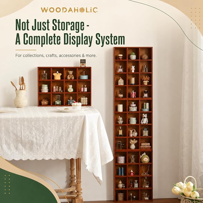 48-Compartment Wood Trinket Shelf, 4-Pack Stackable Cubby Curio Cabinet, Wall Mounted or Freestanding Display Shelf for Figurines, Miniatures, Shot Glasses, Knick Knacks & Small Collectibles - Image 4