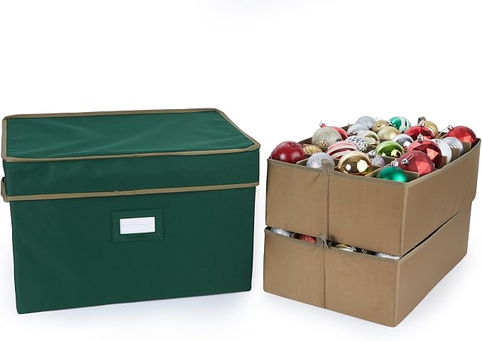 Covermates Keepsakes Adjustable Ornament Storage Box – Heavy-Duty Polyester, Padded Dividers & FlexGrid Trays – Protective Holiday Organizer with Stackable Walls & Label Window, Green by Covermates