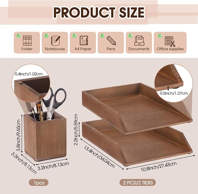 Nuanchu 2 Pcs Wooden Letter Trays with Pen Holder Wood Desk Organizer Set Heavy Duty 2 Tier Brown Stackable Supports Letter-Size Paper Tray Desktop Drawer Pen Magazine File Folder Office Accessories - Image 3