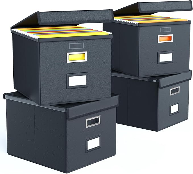 File Organizer Box with Lids, Collapsible File Folder Organizer | File Box with Plastic Slides for Document Storage, Filing Bin for Letter Size Hanging File Folders (4 Pack, Black, Leather) by Huolewa