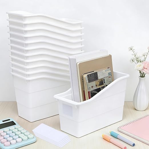 gisgfim 12 Pack Large Book Bins with Labels (White) | Durable Plastic,Stackable Magazine Organizer,Storage Bins for Classroom,Library,Office,Bookshelf Categorization - Image 4