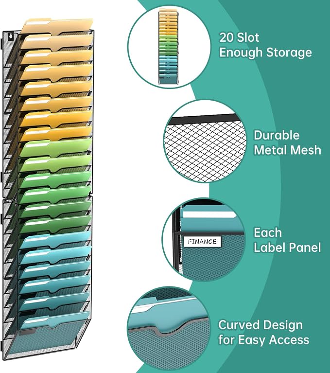 20 Tier Wall File Organizer, Hanging Wall Mounted Mail Organizer with Label Slots, Metal Mesh File Holder Magazine Rack for Office, Home, School or Classroom, Black - Image 3