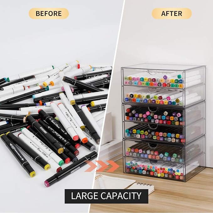 Clear Desk Drawer Organizer, 6 Drawers, Plastic | Stackable Desk Organizers and Accessories, For Pencils, Books, Art Crafts, Makeup, For Home Office, Bathroom, Kitchen - Image 4