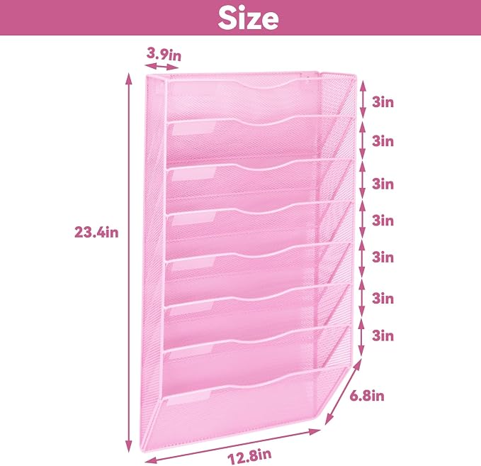 8 Pockets Mesh Wall File Holder Organizer Office Hanging File Folder Magazine Rack, Nametag Label Hooks Set Included (Pink) - Image 2