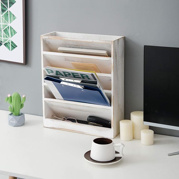 Vintage Rustic Wooden 5 Slot Office Desk or Distressed Torched Wood Wall Mounted Hanging Document Filing Organizer，Magazine Rack，Mail Holder Organizer display stand - Image 4