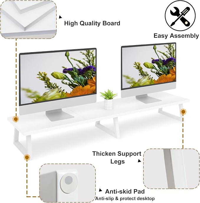 TEAMIX 42 inch Dual Monitor Riser White, Desk Organizer Stand for TV Laptop | Extra Long Stand Riser for 2 Monitors, Wood & Steel TV Riser, Holds 300lbs, Keyboard & PS5 Storage, For Home Office & Gaming - Image 4