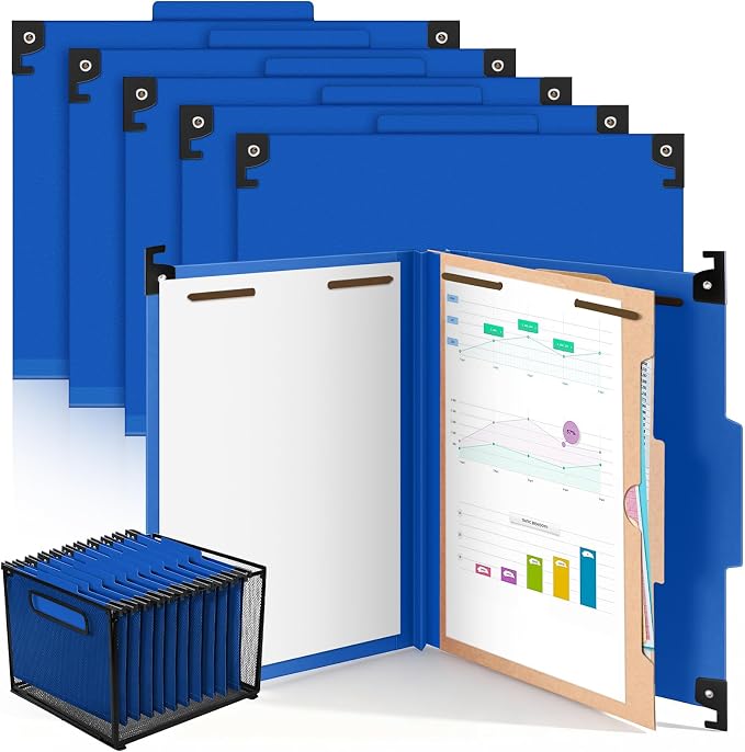 Henoyso 10 Pcs Hanging Classification Folders,1 Pocket Divider,Dark Blue | Letter Size, Hanging File Folders with 1 Pockets, 2" Expansion, 4 Prong Fasteners, 1/3 Tab Cut, 4 Sections, Pressboard Manila by Henoyso