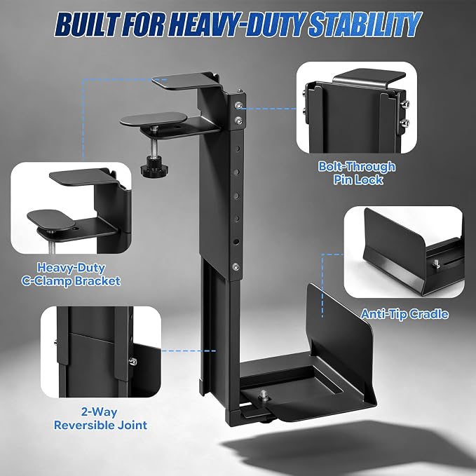 Adjustable Under Desk PC Mount, Heavy Duty No Drilling Clamp Mount on Desk Fits Most PC Tower 14.5”-22.4” (H) , Thickened & Ultra Strong CPU Holder for Standing Desk & Home Office, Black - Image 5
