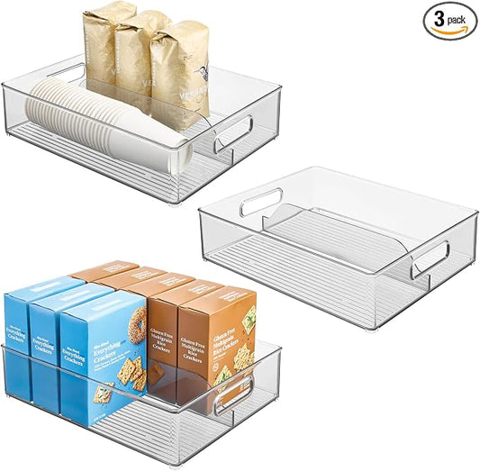 iDesign Divided Pantry Bin with Handles, Set of 3, Clear | For Pantry, For Refrigerator, For Freezer by iDesign