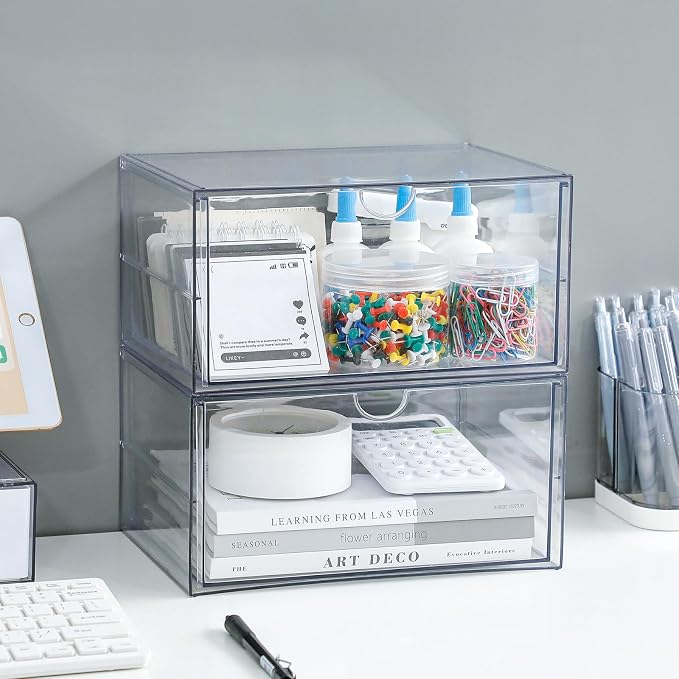 Clear Plastic Drawer Organizer, 2 Pack, 2 Drawers | Stackable, For Office Supplies, For Marker Pen, For Art Crafts & Stationery, For Coffee Pods - Image 5