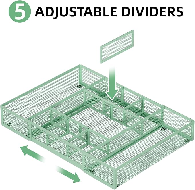 Marbrasse Expandable Desk Drawer Organizer, Mesh Drawer Organizer Tray with 10 Adjustable Compartments, Desk Organizers and Accessories for Office Supplies, Makeup & Vanity (Expandable-Green) - Image 3