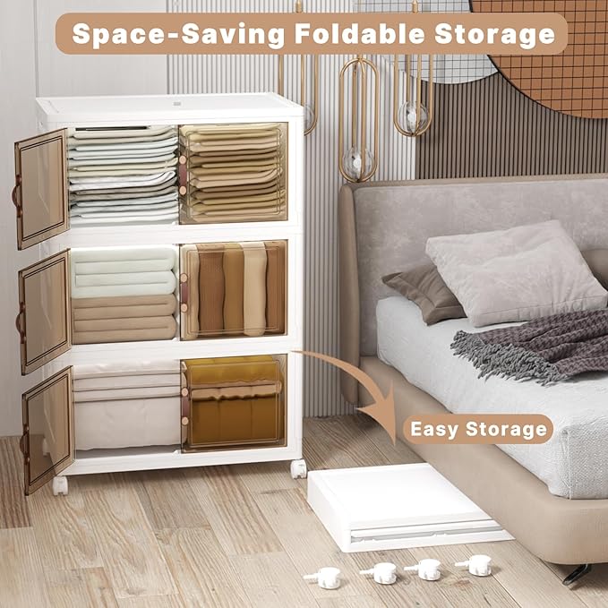 504QT Stackable Storage Bins with Lids, Doors & Wheels | Closet Organizers and Storage Cabinet , Lockable Plastic Foldable Drawers for Bedroom Dorm Office Garage（168QT*3,White） - Image 5