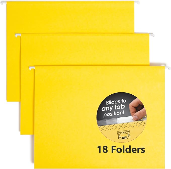 Smead TUFF Hanging File Folder with Easy Slide Tab, 1/3-Cut Sliding Tab, Letter Size, Yellow, 18 per Box (64044, Rod Color May Vary) by SMEAD