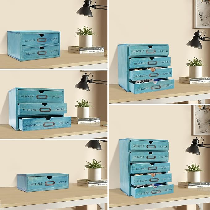 Wooden Desktop Organizer, 5PCS Retro Storage Cabinet Box with Drawers, Mini Tabletop Craft Box Cosmetic Storage Drawer, Portable Desk Letter Mail Sorter for Office Home (Blue) - Image 3