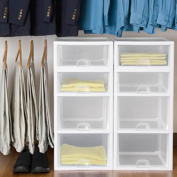 Sterilite Stackable Drawer Organizers 27 Quart, 4-Pack and 16 Quart, 6-Pack | White Frame - Large Plastic Storage Drawers for Closet, Dresser, Cabinet, Bedroom, Pantry, and Bathroom Organization - Image 8