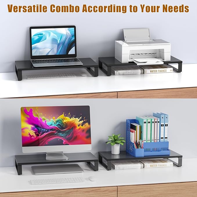 XINYAO Wood Monitor Stand Riser for Desk, 24x12x3 inch, Black | Sturdy wooden & steel computer monitor riser; ergonomic height reduces neck strain; Organizer for Office Laptop, PC, Printer - Image 4
