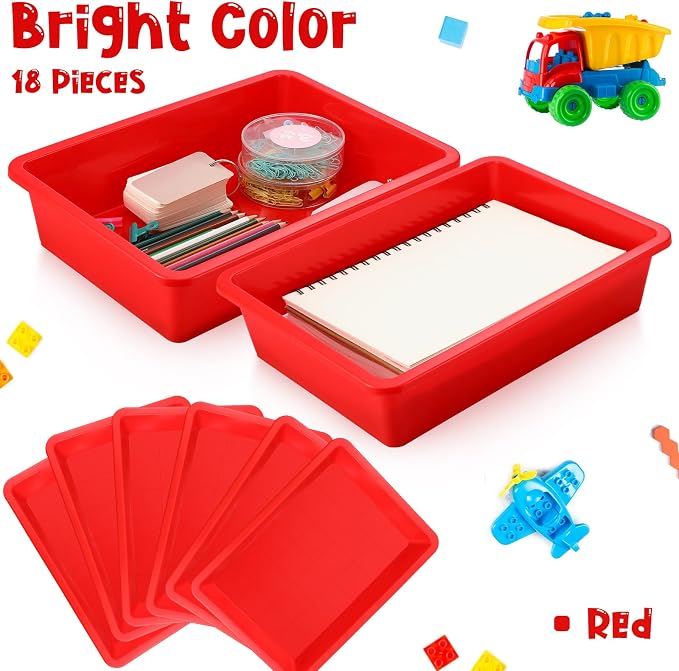 18 Pcs Flat Storage Organizer Bins Letter Size Paper Tray Classroom Storage Plastic Art Trays Classroom Pencil Organizer Baskets for School Office Teacher Book Organization(Red) - Image 4