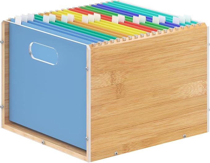 Sbanmao Hanging File Organizer, Clear Acrylic File Box Organizer, Bamboo Filing Box File Crate Organizer Storage Boxes, Portable Filing Folder with Handle for Letter Size by shengbaomaoyi