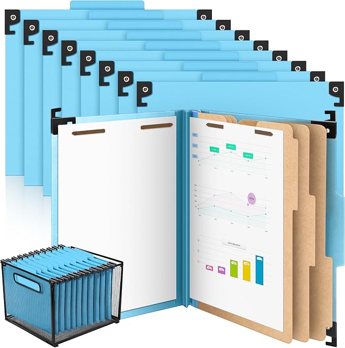 Henoyso 15 Pcs Hanging Pressboard Classification Folders with 4 Hangers, 3 Divider/ 8 Section, Letter Size, 8 Fasteners, 4 Inch Expansion, 1/3-cut Tab File Folder for Office School Medical(Light Blue) by Henoyso