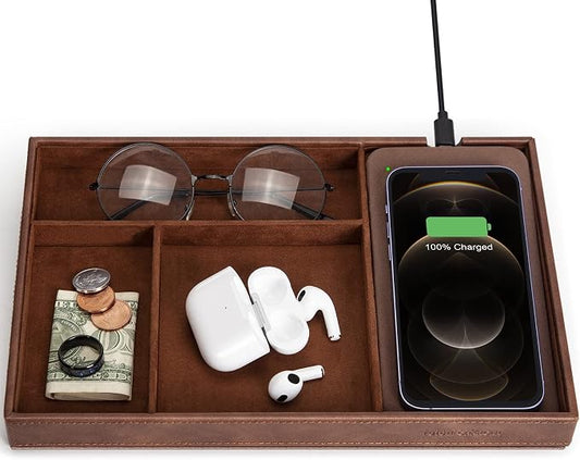 Valet Tray, Built in Wireless Charging Pad, Nightstand Organizer, Dresser Organizer, Mens Jewelry Box, Valet Charging Station, Faux Leather Valet Tray for Men and Women, Brown by wirelessfuturecharger