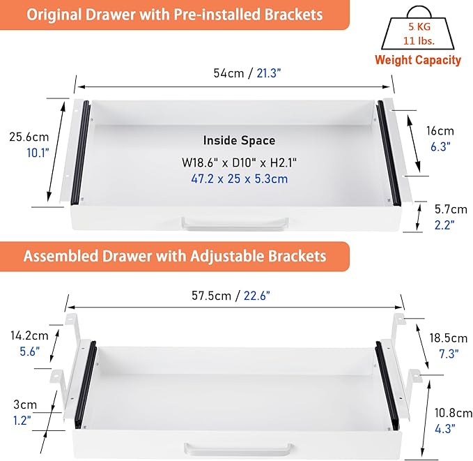 Under Desk Drawer Organizer 21", Large Desk Pencil Storage Drawer | White, Under Cabinet Table, Heavy Duty Pull Out Shelf, Attachable for Workbench, Adjustable Brackets, Work Shop, Desk Lip - Image 5
