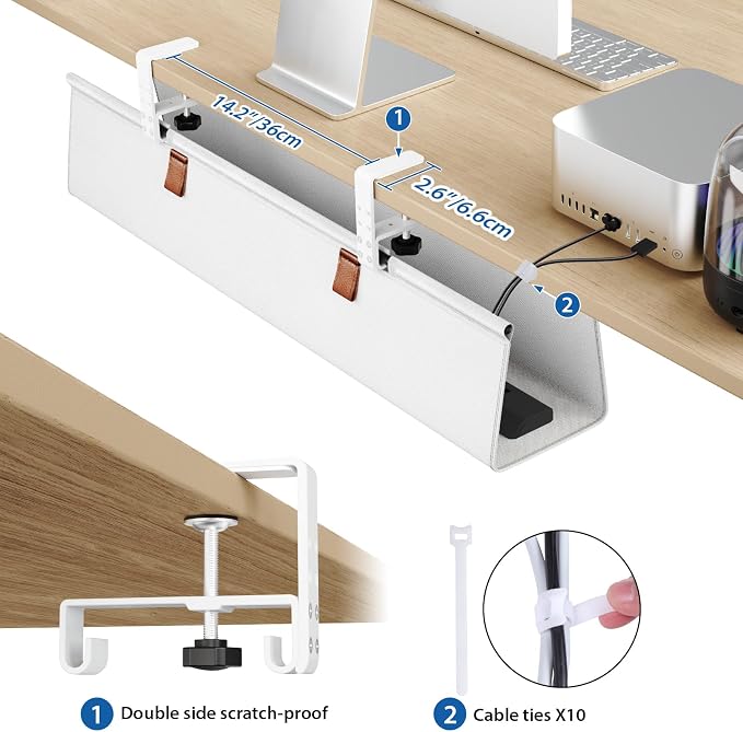 Zilink Under Desk Cable Management 30" No Drill Desk Cable Management Tray Clamp/Screw Mount Cable Tray Sturdy Waterproof Fabric Cord Organizer for Office, Home, White - Image 4