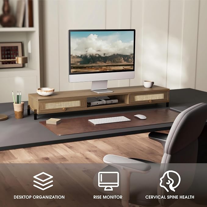 Fenge Dual Monitor Stand, Wooden Riser With Rattan Woven Flip Drawers | 2-Tier Monitor Riser, 42.5in Long Desk Shelf for 2 Monitors, Vintage Computer Stand for Laptop, Printer, TV, Brown - Image 7