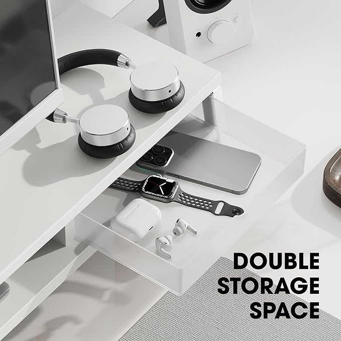 Fenge Dual Monitor Stand Riser, 42.5in Desk Shelf with 2 Drawers, White | 2-Tier Monitor Shelf for Desk, Storage Drawer with Stopper, Frosted, fit Home Office, Ultrawide Screen, PC, Laptop, TV - Image 5