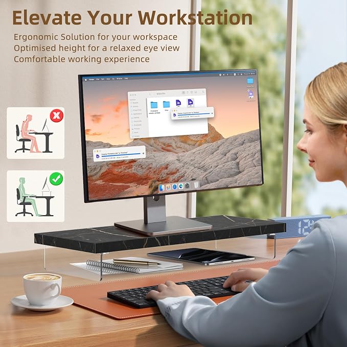 Monitor Stand Riser, 25x10 in Wood & Acrylic Computer Desk Organizer Shelf | Computer Monitor Stand With Wood & Acrylic Design; Works As Laptop Riser, Printer Stand, TV Screen Riser And Desk Organizer. - Image 6