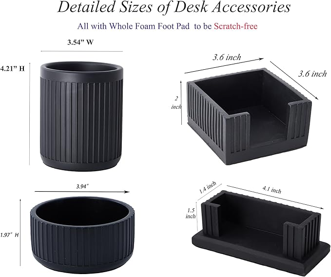 Set of 4 - Concrete Desk Accessories For Modern, Industrial, Minimalist Office Decor- Aesthetic Desk Organizers Accessories For Women or Men- Pen, Business Card Holder & Sticky Note, Paper Clip Holder