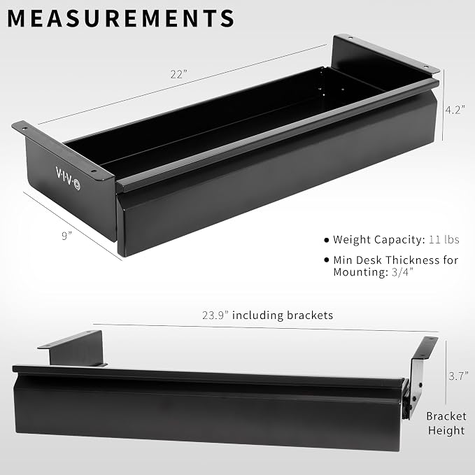 VIVO Black 22 x 9 inch Under Desk Slide Out Drawer, DESK-AC03A-22B | No Shell, Sturdy Steel Design, Under Desk Storage, Workstation Organizer for Home Office, Holds 11 lbs - Image 3