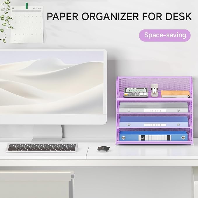 Lavatino 4-Tier Paper Organizer Trays - Purple Mesh File Folder Sorter with Handles, Desk Letter Holder Organizer for Office, Home, School Supplies Storage & Organization - Image 4